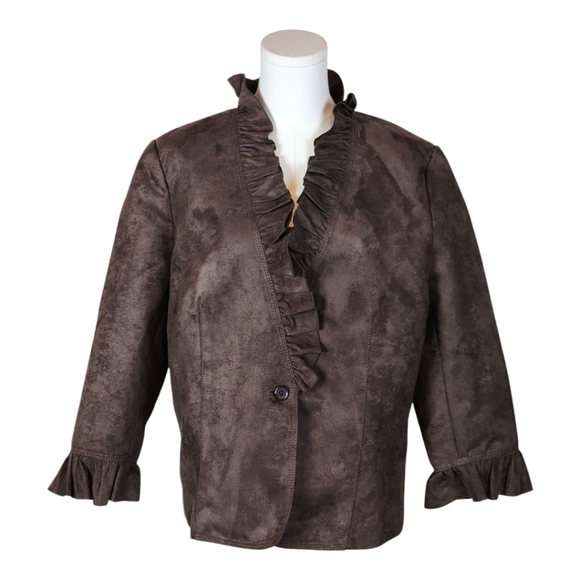 Nygard Brown Ruffle Faux Suede Jacket Romantic Vintage-Inspired Size 16 - Picture 1 of 7